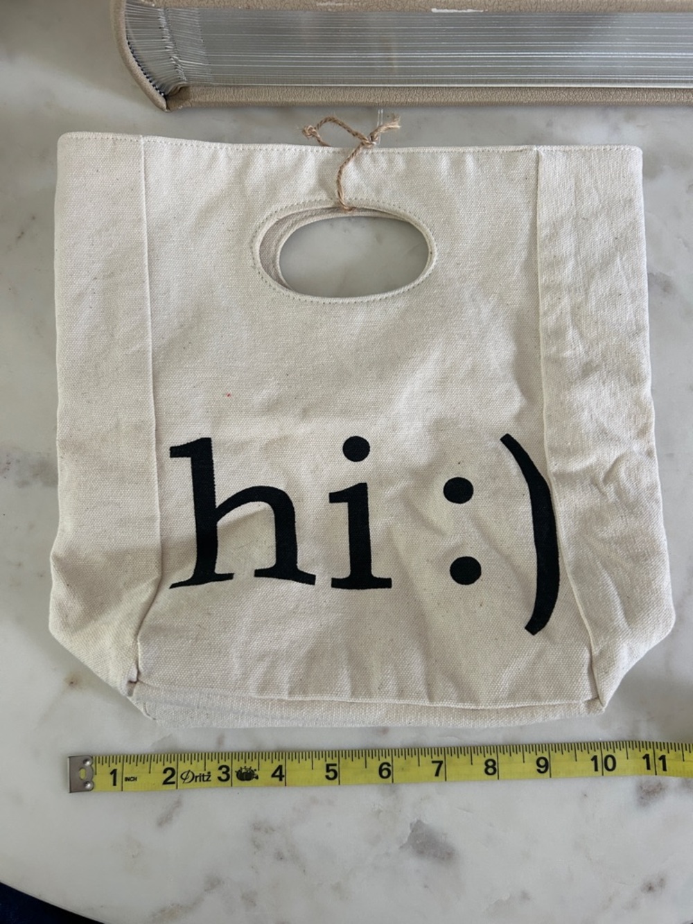 fluf Cream Canvas Tote Bag with Black "hi :)" Print
